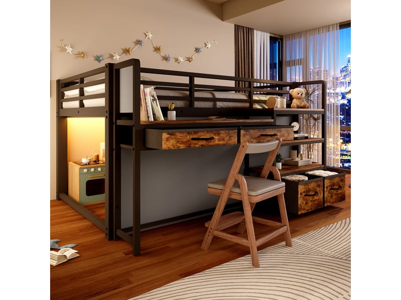  Lit mezzanine enfant 140x200cm avec bureau, lit surélevé avec tiroirs en tissu, étagères ouvertes, rideau et led multicolore, structure en métal, noir Seren Glow - Conforama D