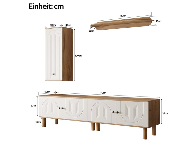  Ensemble meuble tv modenvie 3 pièces blanc et bois naturel avec rangement  - Conforama C