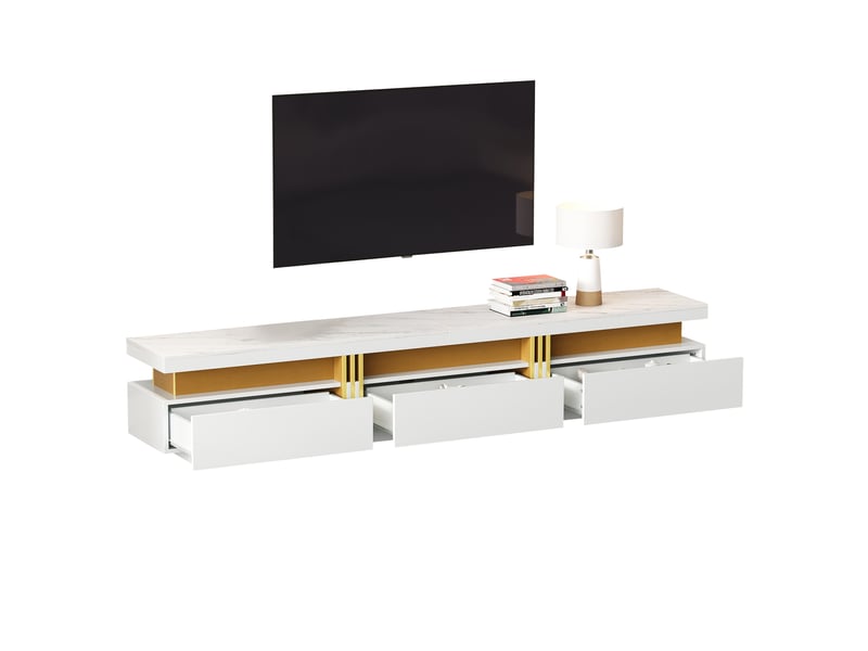  Meuble tv bas 200x40x42 cm, plateau motif marbre en mdf, 3 tiroirs, panneau de particules, blanc  - Conforama A