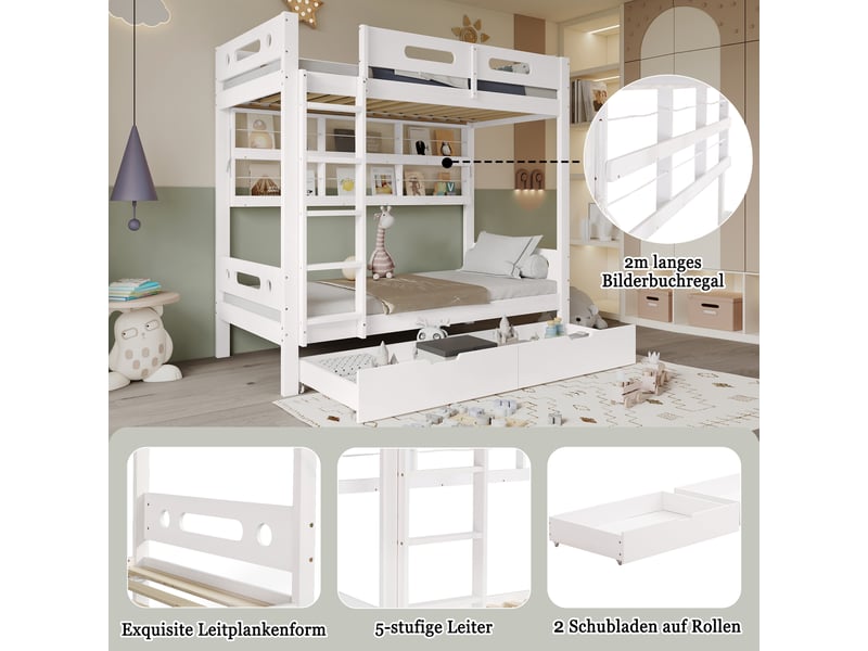 Lit superposé enfant 90 × 200 cm 2 places avec 2 tiroirs, étagères ouvertes et échelle 5 marches, sans matelas - Conforama E