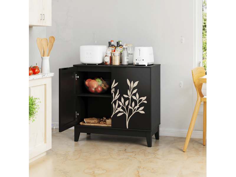  Buffet de rangement 80x38x76 cm, avec 2 portes à motif floral, pour salon, cuisine, salle à manger, mdf noir, élégant  - Conforama B