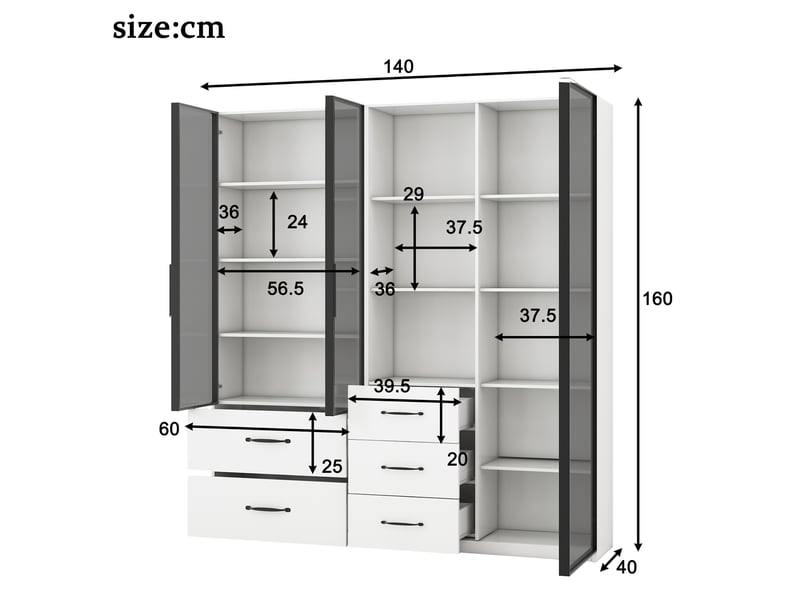  Vitrine led blanche 140x40x160 cm, bibliothèque avec portes en verre et tiroirs, éclairage multicolore, meuble de rangement  - Conforama C