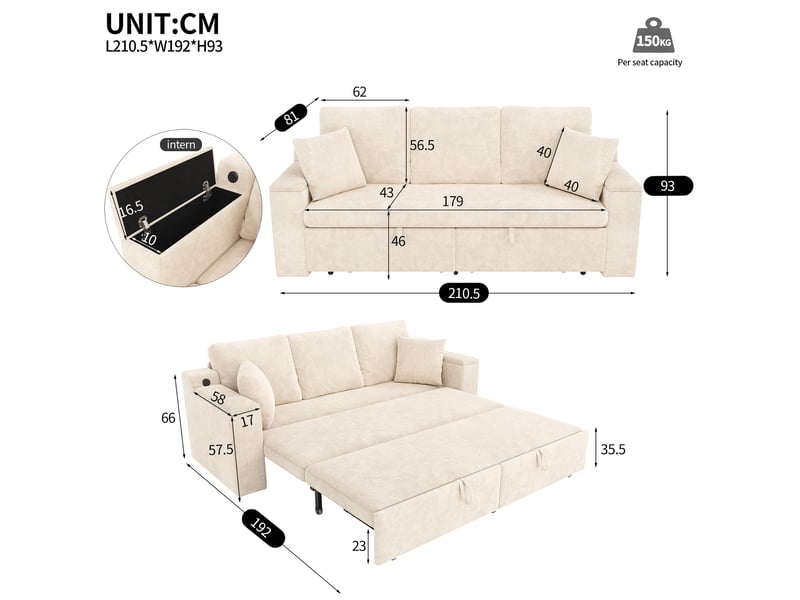 Canapé droit convertible 3 places tissu beige canapé beige - Conforama C