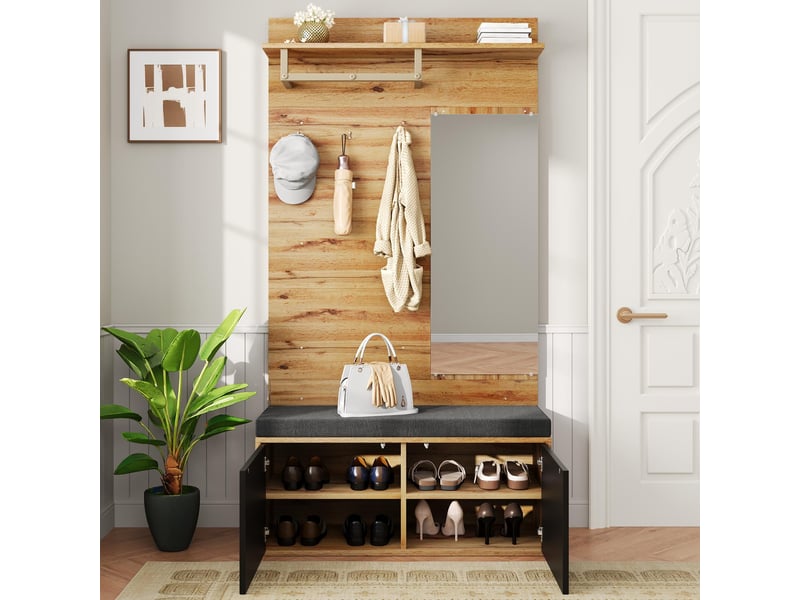 Portemanteau avec banc et rangement noir 100 x 190 cm en panneau de particules - Conforama E