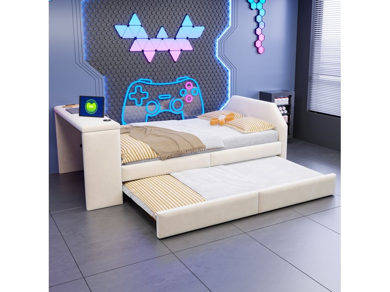  Lit enfant 90x200 cm avec bureau, usb et lit gigogne, velours beige, sans matelas  - Conforama R
