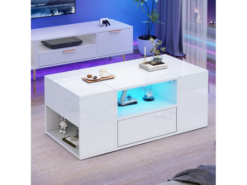 Table basse led avec 1 tiroir, 2 portes et 6 rangements, finition brillante blanche pour salon, 100 × 50 × 40 cm - Conforama C