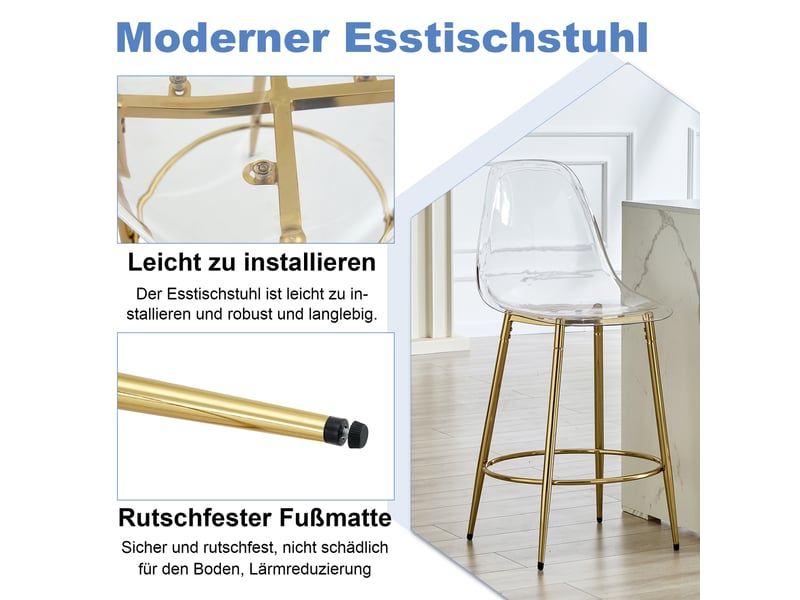  Lot de 2 tabourets de bar avec dossier et repose-pieds - lpospi - assise 66 cm, pet, métal - transparent et doré  - Conforama E