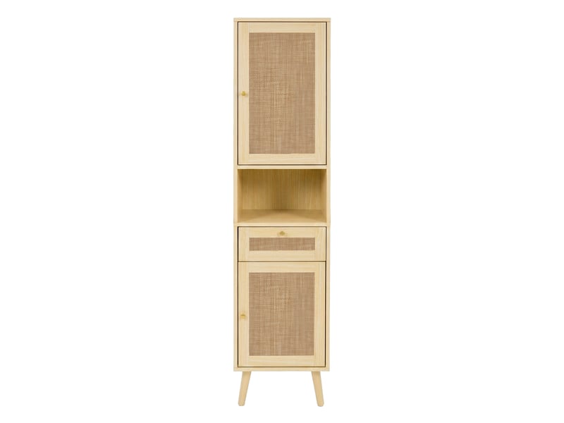 Colonne de salle de bains bois naturel, 40 × 30 × 166 cm, mdf, façades effet rotin, éléments en verre, fermeture douce - Conforama A