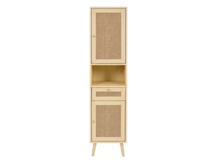 Colonne de salle de bains bois naturel, 40 × 30 × 166 cm, mdf, façades effet rotin, éléments en verre, fermeture douce
