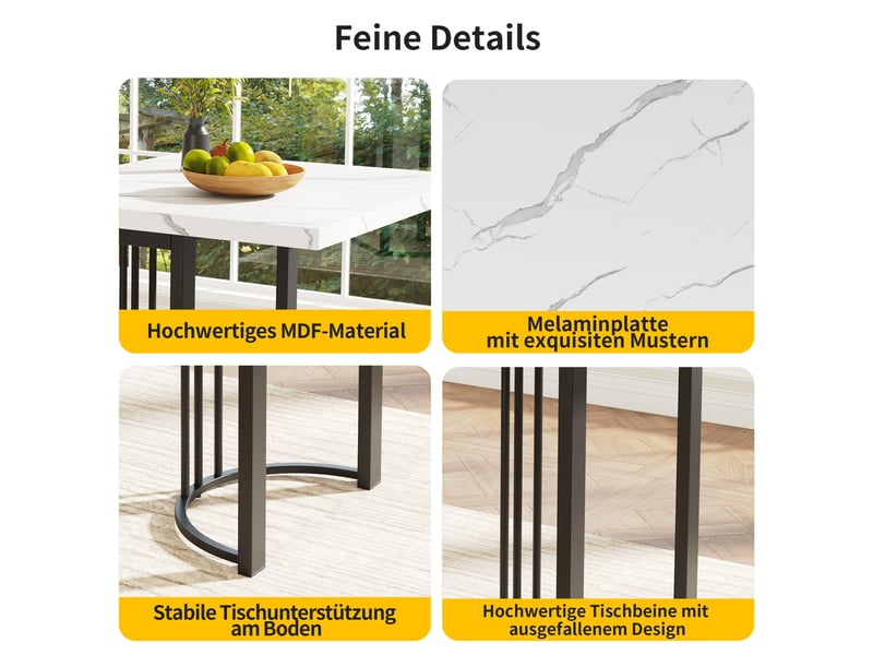  Table à manger rectangulaire extensible 140-179,5 x 80 cm, plateau mdf effet marbre blanc, piètement métal géométrique noir, 6 à 8 places  - Conforama D