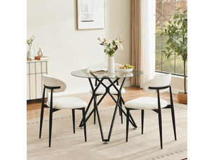 Table ronde 90 cm en verre trempé pour 1 à 4 personnes, avec pieds en métal noir