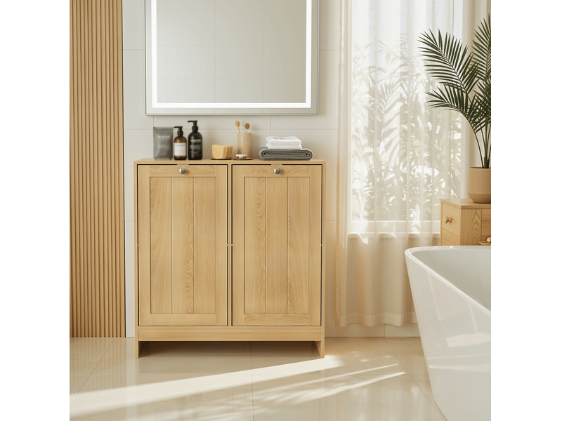 Meuble à linge basculant 66x33x68 cm, 2 paniers amovibles, fixation murale, mdf et particules, aspect chêne  - Conforama D