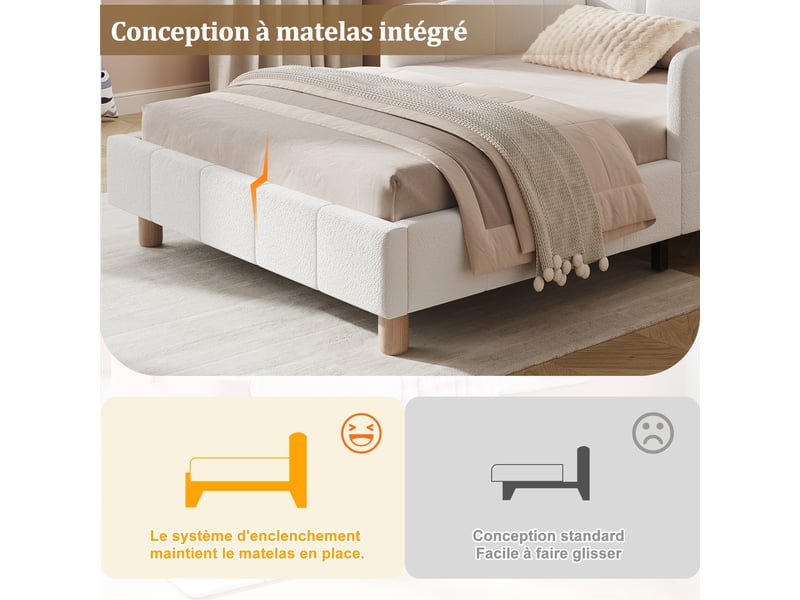 Lit enfant 90x200 cm, lit simple, tête de lit, barrière, poches, meuble de chambre, tissu bouclé, beige, sans matelas  - Conforama E