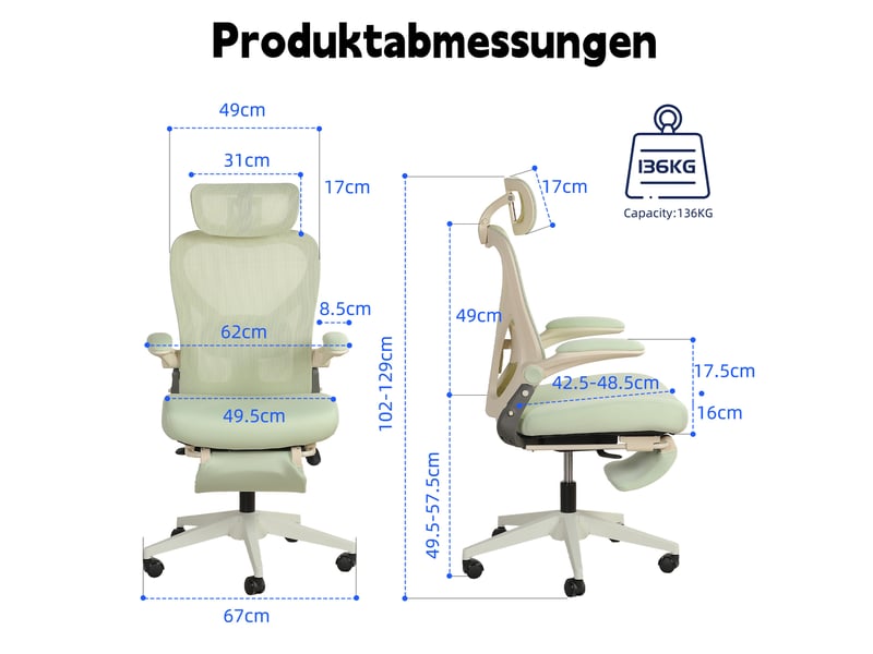 Fauteuil de bureau ergonomique 62 x 48,5 x 129 cm – vert – pliable avec appui-tête 3d et repose-jambes - Conforama C