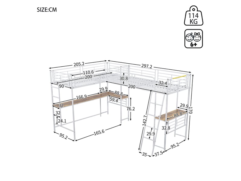  Lit mezzanine enfant 90×200 cm avec bureau dessous et escalier double  - sans matelas, métal et mdf - blanc  - Conforama D
