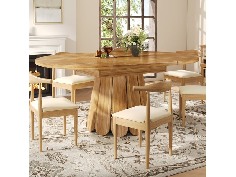 Table à manger extensible ronde, table de salle à manger en bois, 118-158 cm, jusqu'à 6 personnes  - Conforama B