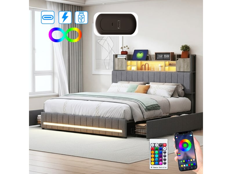  Lit double 160x200 cm,lit capitonné rembourré avec 4 tiroirs et led, usb et type-c, tête de lit rangement, gris, lin  - Conforama B