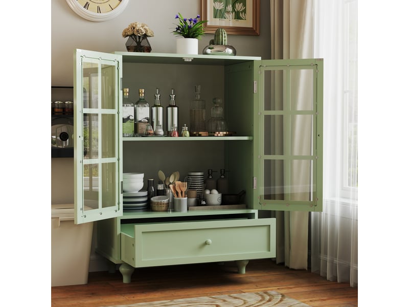  Buffet minimaliste avec deux portes en verre et tiroirs, meuble d'appoint en bois moderne pour salon salle à manger entrée, vert menthe  - Conforama E