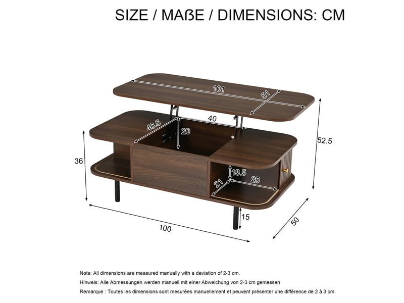 Table basse relevable 101x51 cm, coffre de rangement et 2 portes coulissantes, pieds en métal, mdf, décor noyer - Conforama D
