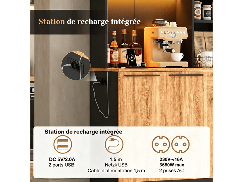 Armoire de cuisine avec éclairage led et prises, 6 portes et 1 tiroir, meuble buffet moderne, 100 × 40 × 180 cm - Conforama E