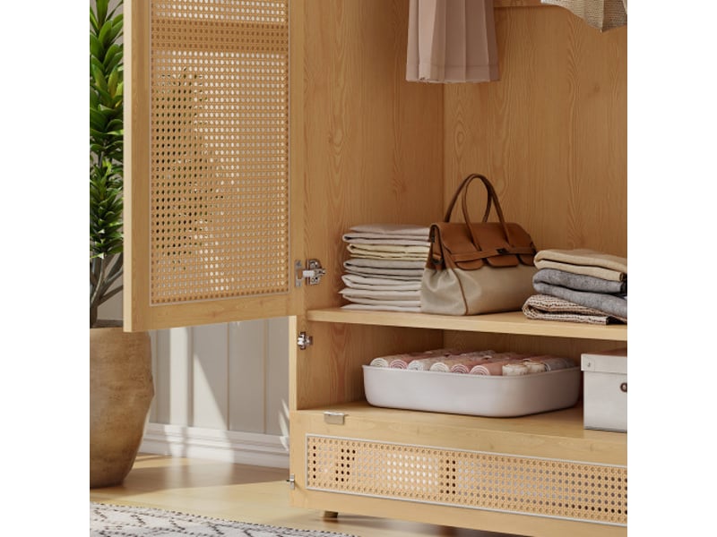  Armoire 2 portes avec tringle et rotin naturel en maille, couvercle rabattable en bas, panneaux de particules  - Conforama D