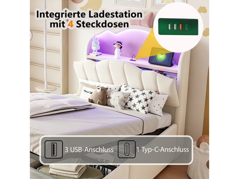 Lit coffre 90x200 cm - lit 1 place enfant avec rangement hydraulique, tête de lit led, usb et usb-c - velours - beige - Conforama E
