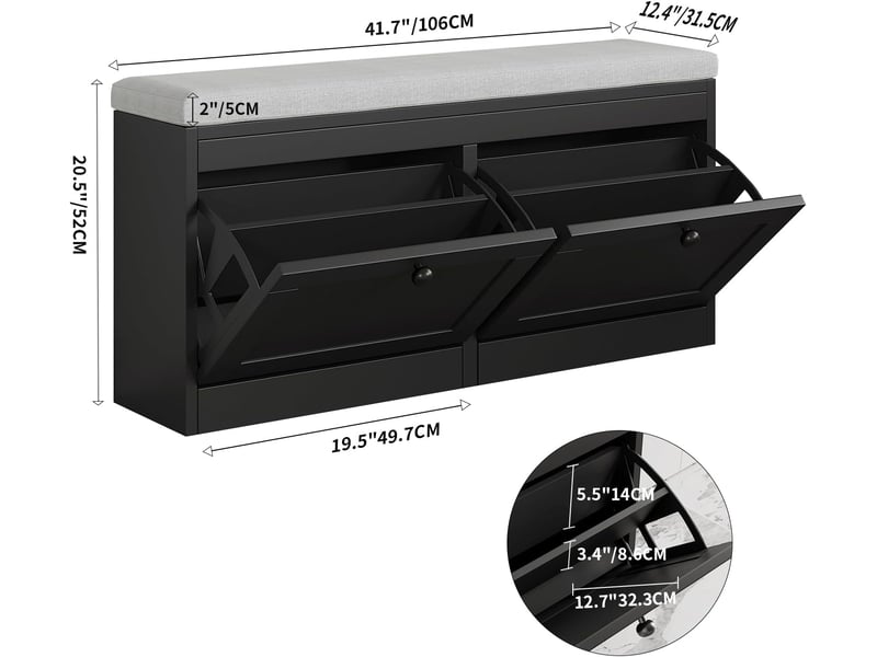  Étagère à chaussures étroite, banc à chaussures avec 2 tiroirs, étagère à chaussures pour entrée, 106l x 31p x 52h cm, bois (noir)  - Conforama C