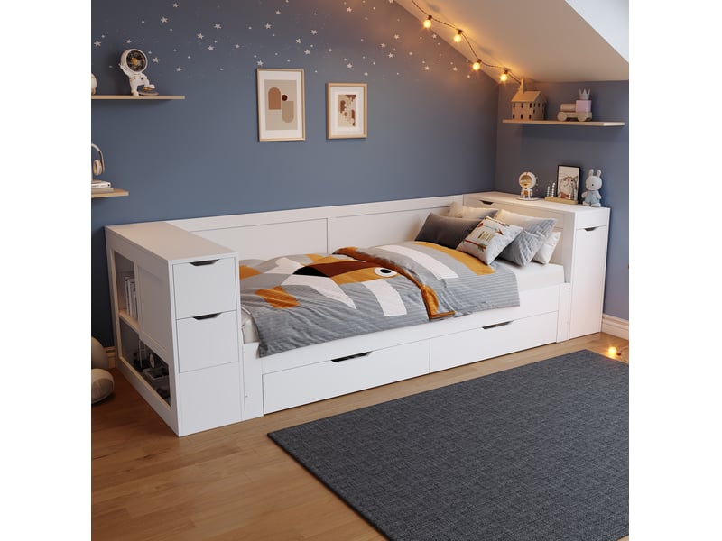  Lit enfant daybed avec rangements 90x200 cm mdf blanc  - Conforama C