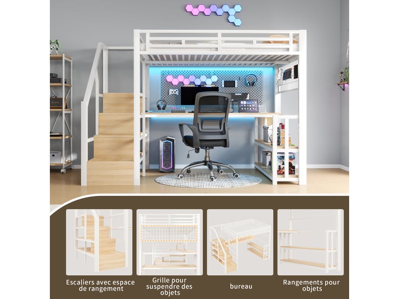  Lit mezzanine 140x200 cm, bureau, escalier de rangement, étagères, led multicolore par app, 2 usb et 1 usb-c, métal et mdf - blanc  - Conforama D