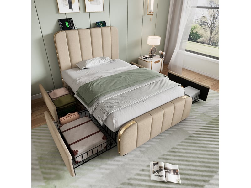  Lit simple 90x200 cm avec 4 tiroirs, usb type-c, tête de lit haute et sommier à lattes, couleur beige, avec matelas  - Conforama E