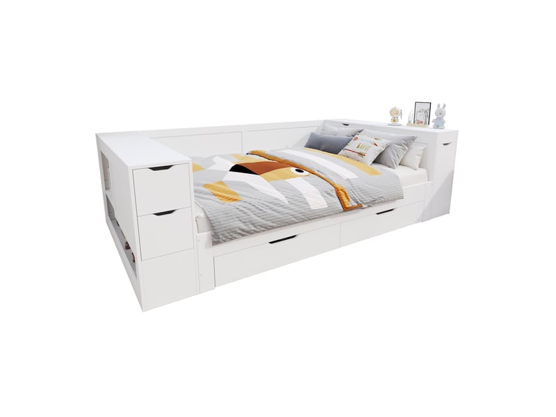  Lit enfant avec rangements et sommier à lattes 140x200 cm, mdf blanc  - Conforama A