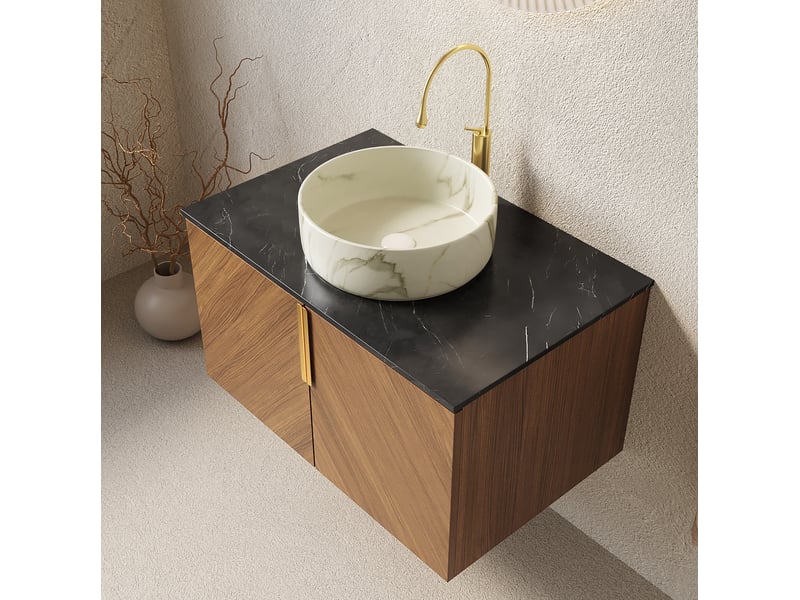  Meuble vasque de salle de bain mural 76 cm avec vasque ronde en céramique, plan de travail en pierre frittée noire, meuble en bois marron chêne  - Conforama E