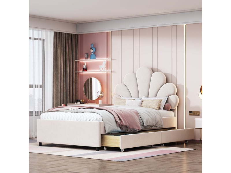  Lit enfant 90x200, tête de lit fleurie lit combine enfant, structure métal robuste, tiroirs coulissants, velours doux  - Conforama B