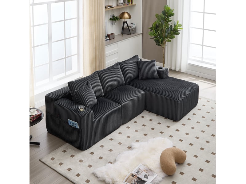 Canapé 3 places ulevr modulable avec méridienne et poches de rangement, 257 x 160 cm, velours côtelé gris - Conforama E