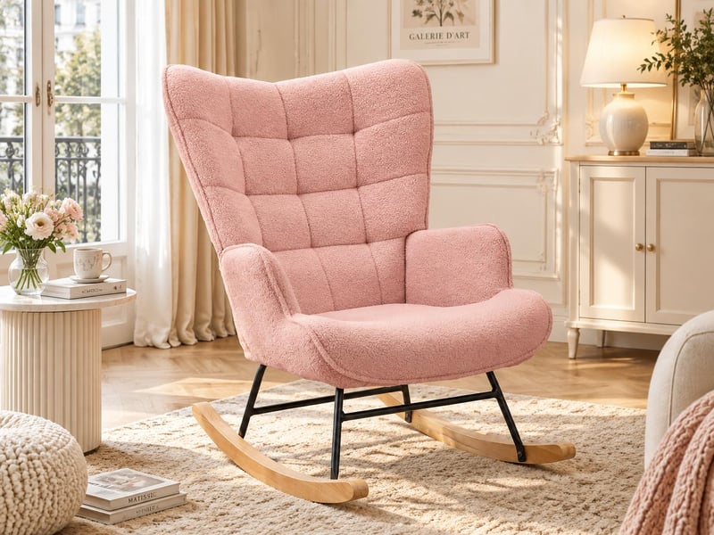 Pink teddy bear plush rocking chair, square tufted high-backed cushioned rocking chair with wooden rocking rod, suitable for bedroom, nursery, and living room. - Conforama B