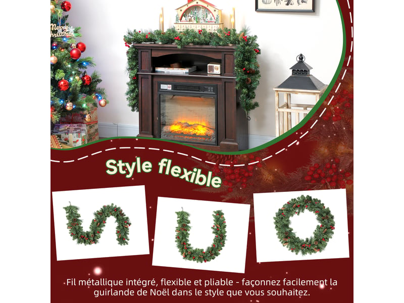  Guirlande de noël artificielle 180 cm, décoration de noël, 162 branches denses, grappes de baies, pommes de pin, vert  - Conforama R
