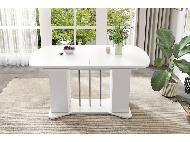  Table à manger extensible 120-160 x 80 cm piètement métal argenté avec rangement pour 4-6 personnes blanc pieds argent  - Conforama E