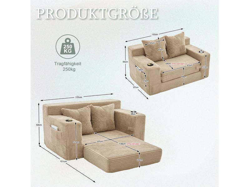  Canapé-lit 2 places 151x133x64 cm kaki en velours côtelé, assise extensible et poches latérales  - Conforama C