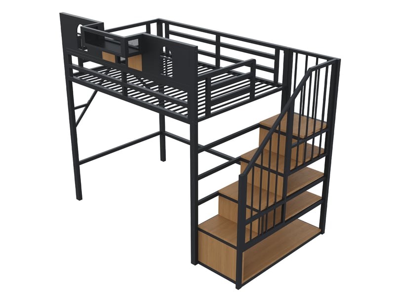  Lit mezzanine 90 x 200 cm, avec échelle et bande lumineuse, compartiments de rangement, structure métallique, noir  - Conforama E