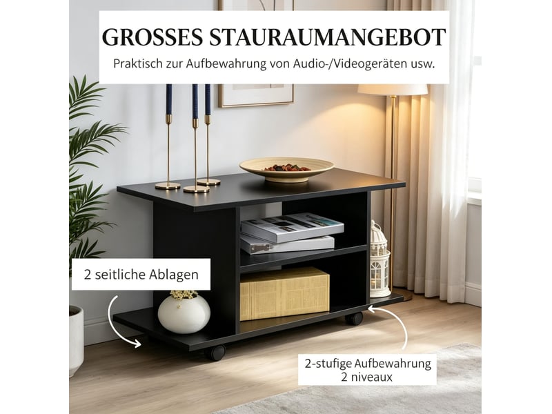 Banc tv mobile fonctionnel 80 x 40 x 40 cm – noir – rangements ouverts, 4 roulettes dont 2 verrouillables - Conforama E
