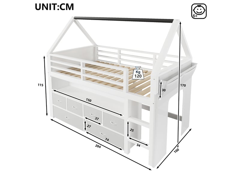  Lit mezzanine enfant 90x200 cm cabane avec guirlande led, 6 tiroirs en tissu, rideau latéral et poche de rangement - blanc  - Conforama C