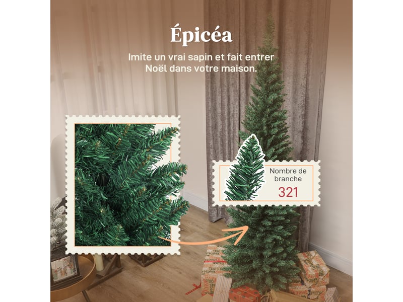  Sapin de noël artificiel 180 cm, arbre de noël slim, 321 pointes, facile à monter et ranger, pour maison bureau, vert  - Conforama E