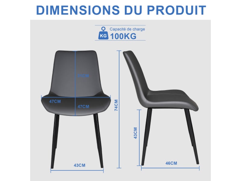  Chaises modernes de salle à manger en simili cuir gris, pieds acier carbone – lot de 4 – maisonrestoconférence  - Conforama C