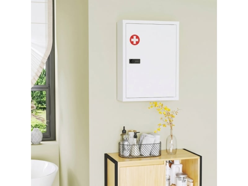  Armoire à pharmacie murale blanche avec serrure à code, porte et compartiments de rangement pour salle de bain  - Conforama B