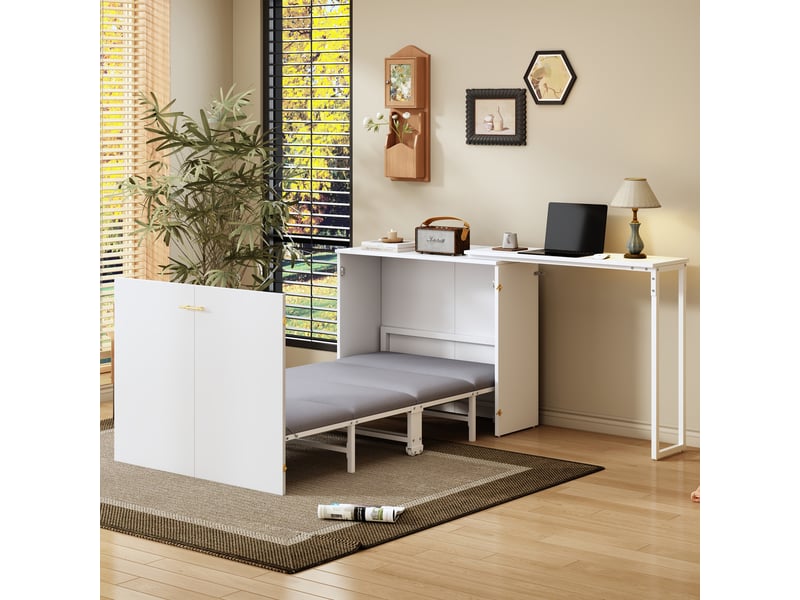  Lit escamotable 90x200 cm avec bureau pivotant et matelas, lit armoire mobile gain de place, blanc et bois OPULERANE TRADING LTD - Conforama B