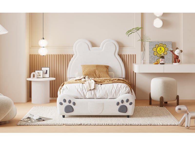  Lit simple 90 × 200 cm tête ourson en velours - blanc C-CRAFTLINK - Conforama B