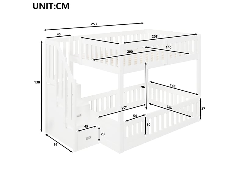  Lit superposé 140x200 cm, barrières de sécurité sur toute la longueur, escalier avec rangements, structure en bois massif, blanc  - Conforama C