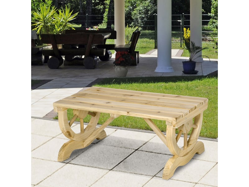  Banc de jardin 2 places avec structure à lattes et pieds en forme de roue de chariot, en bois, 98 x 50 x 39,5 cm, couleur bois  - Conforama D
