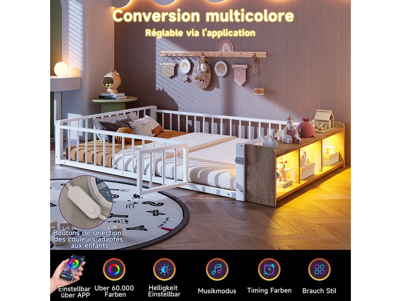  Lit enfant blanc avec rangement et éclairage led, lit en métal 140x200 avec barrière de sécurité, sans matelas.  - Conforama W