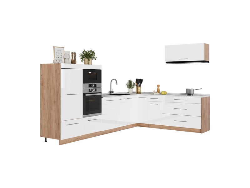 Vicco cuisine en angle, blanc haute brillancechêne de force doré, 327x60cm, pt chêne - Conforama E